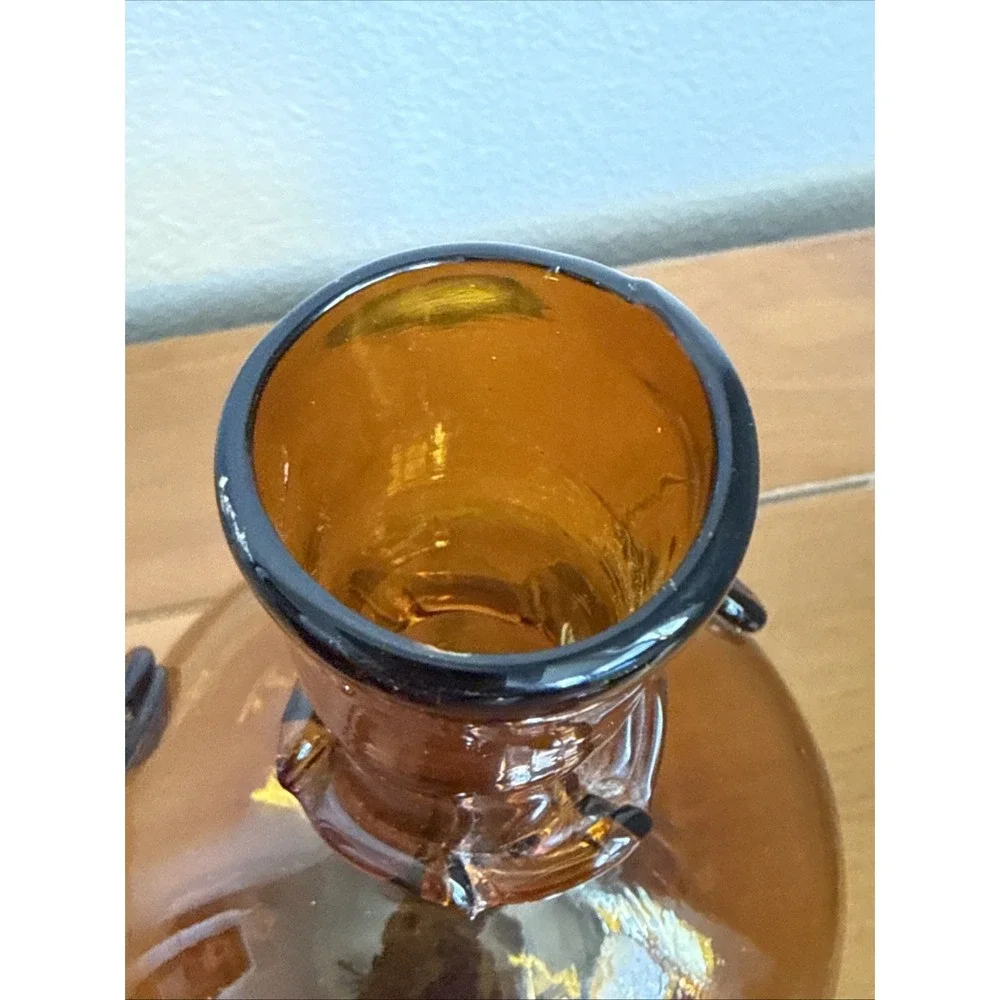 Vtg MCM Spanish Glass Decanter 6 Roly Poly Tumblers Cordial Set Rosettes Amber‎